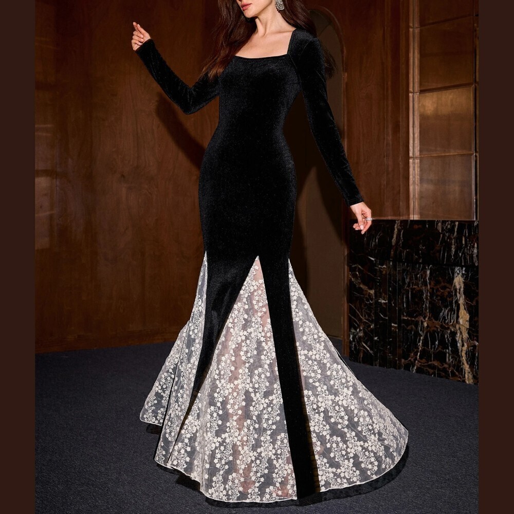 Black Velvet Square Neck Long Sleeve Lace Contrast Godet Mermaid Maxi Dress